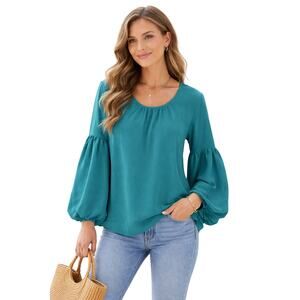 CeCe Women's Bell Sleeve Blouse Top Scoop Neck Teal Green Size XL NWT